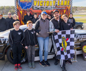 Frank Moulton celebrates his opening day win in the Late Model feature with friends and family in victory lane at Wiscasset Speedway on Saturday, April 25. (Photo courtesy Jasen Dickey)
