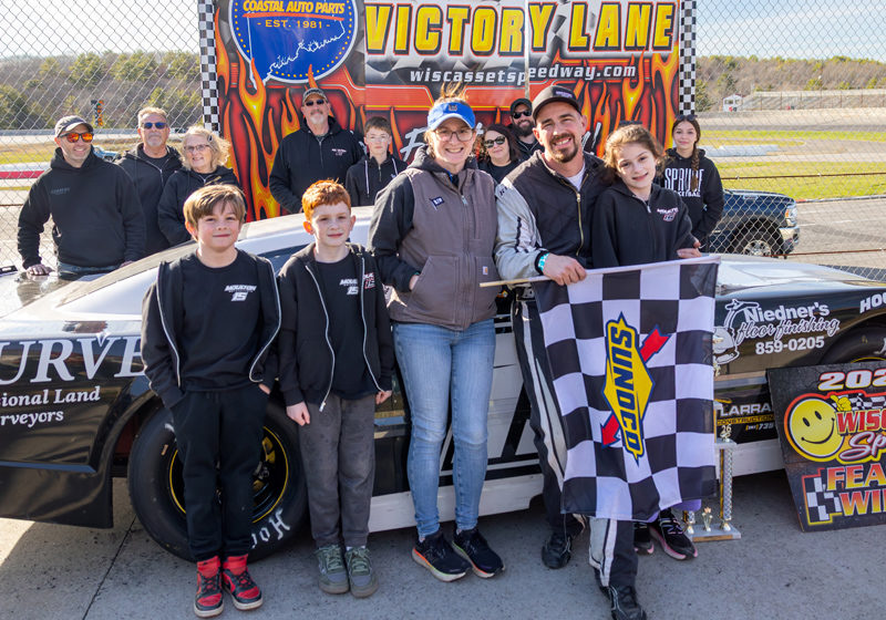 Frank Moulton celebrates his opening day win in the Late Model feature with friends and family in victory lane at Wiscasset Speedway on Saturday, April 25. (Photo courtesy Jasen Dickey)