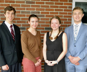 The top three finishers and three honorable mentions in the annual Medomak Valley High School Philbrook Speech Competition, come together for a photo. Shown from left: Nick Russo, Colby Daigle, Tilia Meinersmann, Carlie Cooney, Connor Scott, and Cadence Overlock. (Photo courtesy Lisa Genthner Gunn)
