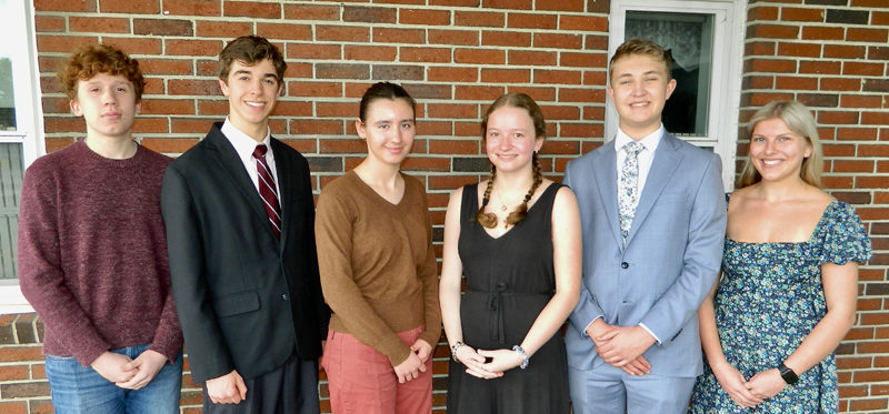 The top three finishers and three honorable mentions in the annual Medomak Valley High School Philbrook Speech Competition, come together for a photo. Shown from left: Nick Russo, Colby Daigle, Tilia Meinersmann, Carlie Cooney, Connor Scott, and Cadence Overlock. (Photo courtesy Lisa Genthner Gunn)