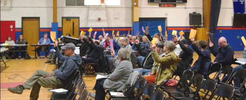 Bremen, Damariscotta, and Newcastle residents approve an article related to the RSU 48 budget during a meeting in the Great Salt Bay Consolidated School gym on Wednesday, May 13. (Emily Bracher photo)