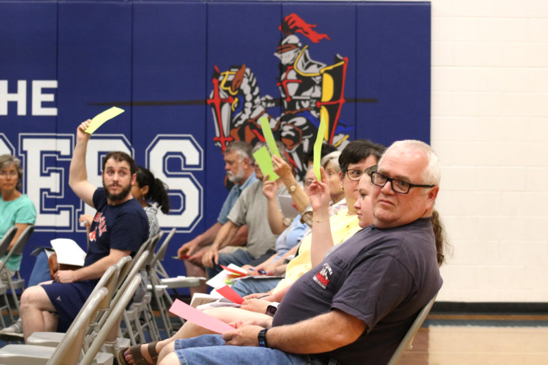 Jefferson residents vote for the an article pertaining to the education budget on Wednesday, May 20 at Jefferson Village School. Residents passed the $9.3 budget after adding in funds for a guidance counselor position. (Christine Simmonds photo)