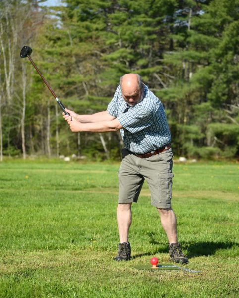 Jeff Jewett swings a special park golf club during a round at Jefferson Park Golf on Sunday, May 17. (Mic LeBel photo)