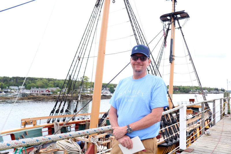Eric Graves stands in front of the U.S. Brig Niagara at Sample's Shipyard in Boothbay Harbor. Graves and his team have been restoring the 20-gun warship for the past year. (Christine Simmonds photo)