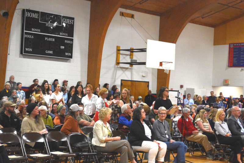 A line of community members of all ages wait to share personal stories and opinions during a forum to discuss MaineHealth Lincoln Hospital's labor and birth unit at Great Salt Bay Community School in Damariscotta on Tuesday, June 2. Hospital officials expect to make a decision about the future of the unit in by August. (Emily Bracher photo)