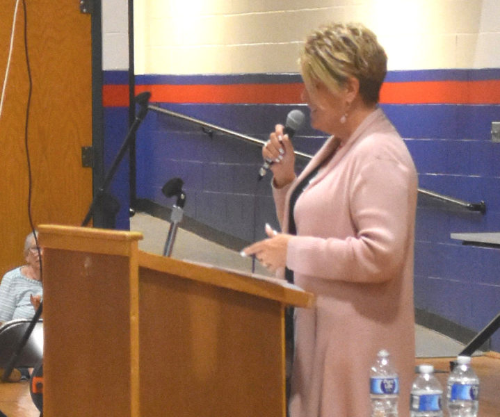 MaineHealth Lincoln Hospital Executive Director Cindy Wade speaks about labor and delivery services offered at the hospital during a listening session at Great Salt Bay Community School in Damariscotta on Tuesday, June 2. (Emily Bracher photo)