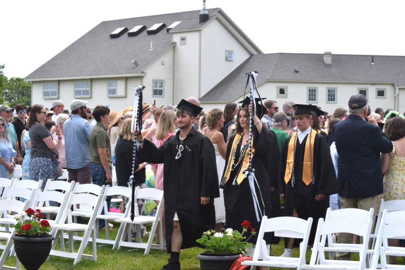Class Marshals Trey Tibbetts and Helen Duffy lead members of the class of 2026 to their seats at the start of Lincoln Academy's graduation ceremony on Friday, June 5. (Emily Bracher photo)
