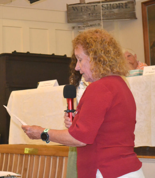 Newly elected Westport Island Select Board Member Sherre Nelson accepts the duties of her position during the swearing-in ceremony at the annual town meeting on Saturday, June 20. (Charlotte Boynton photo)