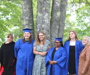 Boothbay-Wiscasset Regional Adult Education graduates Nevaeh Morin, Camla Dunbar, and Allyson Warren, celebrate with instructors Tanya Thibault and Margit Ahlin and Director Raye Leonard on Saturday, June 6. From left: Tanya Thibault, Nevaeh Morin, Raye Leonard, Camla Dunbar, Allyson Warren, and Margit Ahlin. Not pictured: Graduate Anina Halter. (Photo courtesy Rachelle Leonard)