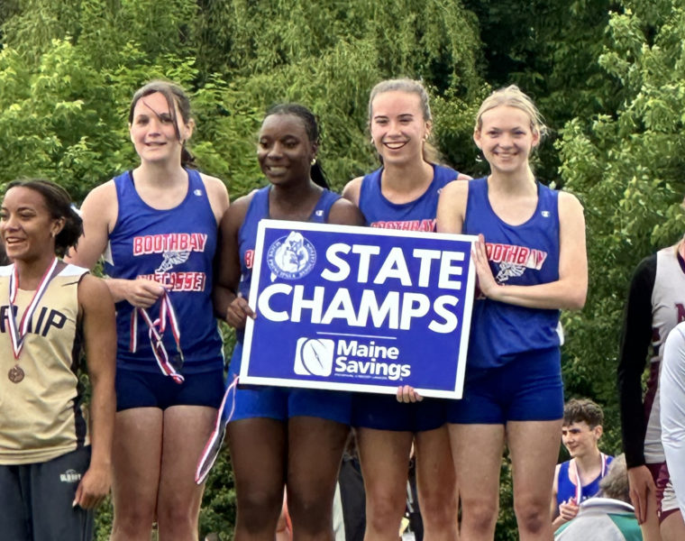 Boothbay-Wiscasset's Rose Campbell, Nerla Laventure, Moriah Smith, and Olivia Rittall celebrate after winning the girls 4x100 at the Class C state track championship on Saturday, June 6. (Courtesy photo)