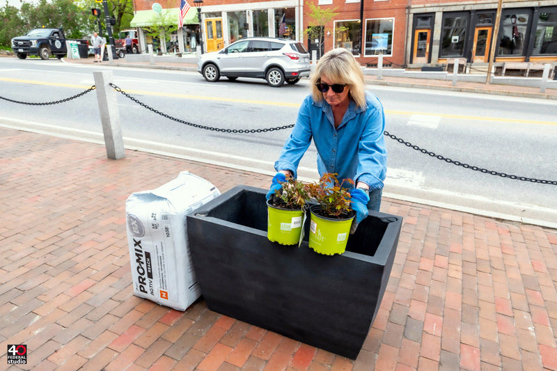 Garden Club of Wiscasset member Candice "Canny" Cahn installs an EarthPlanter on Main Street in Wiscasset. (Photo courtesy Bob Bond)