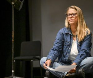Hannah Johnson receives feedback during the third meeting of The Waldo Theatres storytelling workshop in Waldoboro on June 6. The opportunity to tell their story from the stage and comments on content and presentation from other workshop participants helped shape each story for the final performance. (Bisi Cameron Yee photo)
