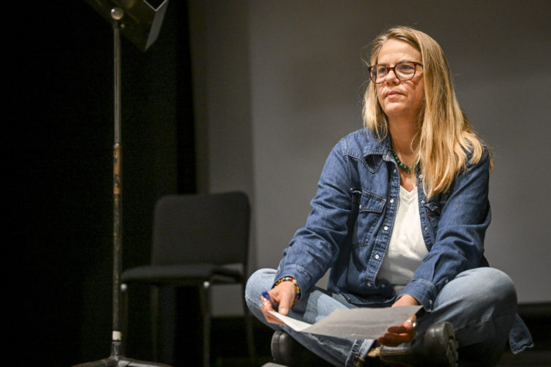 Hannah Johnson receives feedback during the third meeting of The Waldo Theatres storytelling workshop in Waldoboro on June 6. The opportunity to tell their story from the stage and comments on content and presentation from other workshop participants helped shape each story for the final performance. (Bisi Cameron Yee photo)