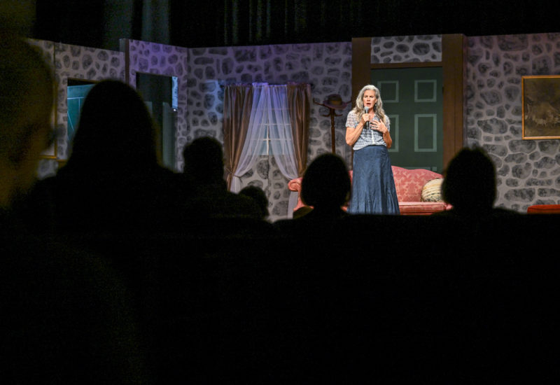 Karen Swanson speaks of love and loss to a rapt audience at The Waldo Theatre in Waldoboro on June 12. Storytelling themes ran the gamut from the humorous to the philosophical to the emotional to the mystical. (Bisi Cameron Yee photo)