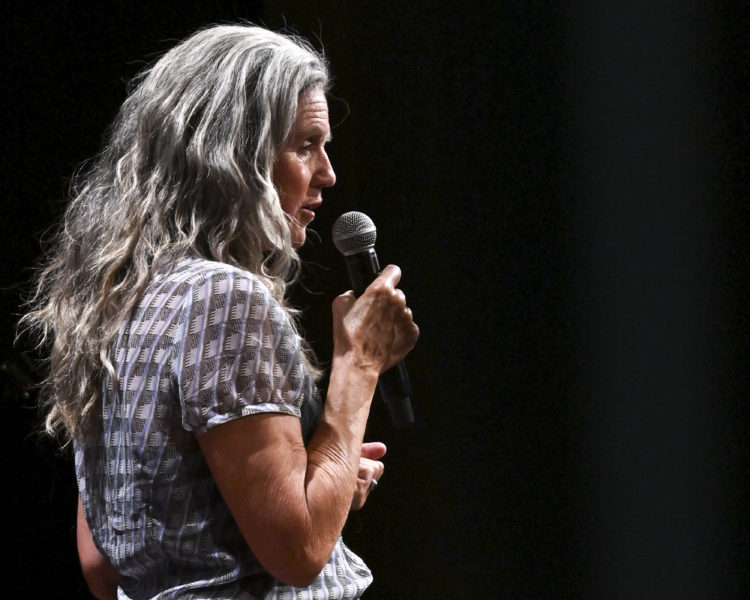 Karen Swanson recites the story she polished over two months of workshopping at The Waldo Theatre in Waldoboro on June 12. Part of storytellings essential charm is that things dont always go as expected: when the microphones batteries died midstory, Swanson gracefully recovered and continued her train of thought. (Bisi Cameron Yee photo)